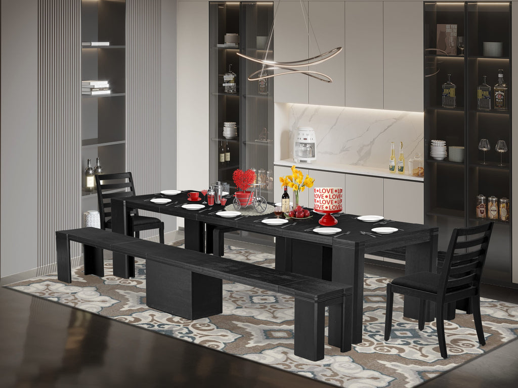 Luxe East West Furniture X02X1-206-24 5-piece Modern Dining Room Table Set a Rectangular Dining Table and 2 wooden Benches and 2 Black Linen Fabric Stackable Chair, Wire Brushed Black Finish.