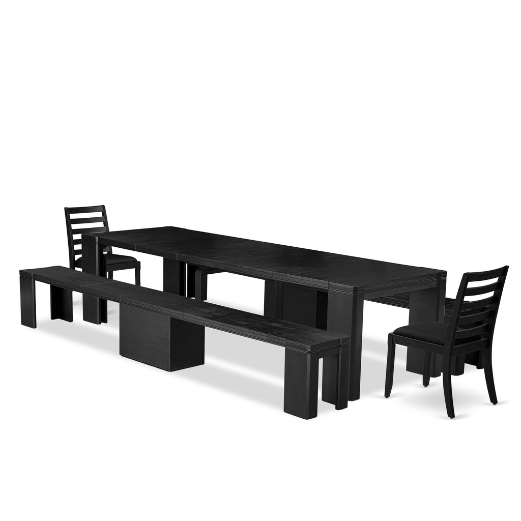 Luxe East West Furniture X02X1-206-24 5-piece Modern Dining Room Table Set a Rectangular Dining Table and 2 wooden Benches and 2 Black Linen Fabric Stackable Chair, Wire Brushed Black Finish.