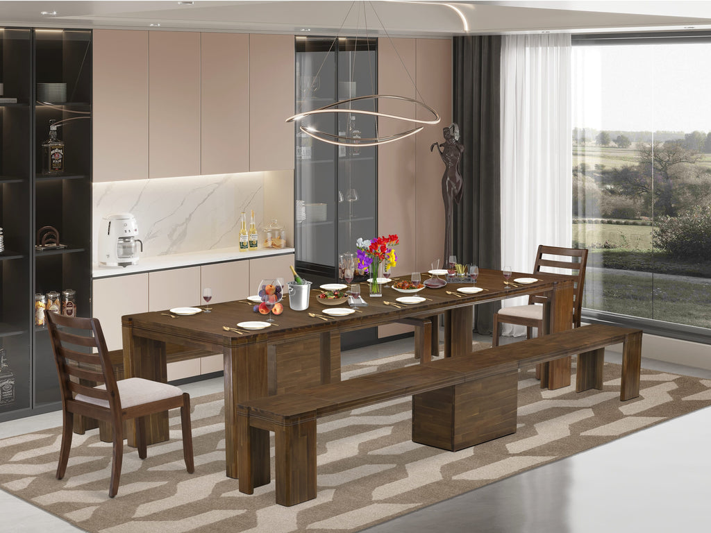 Luxe by East West Furniture X02X1-208-04- 5 Pieces Extendable Dining Set Includes a Rectangle Kitchen Table and 2 Stackable Dining Chairs and 2 Modern Benches, Antique Walnut