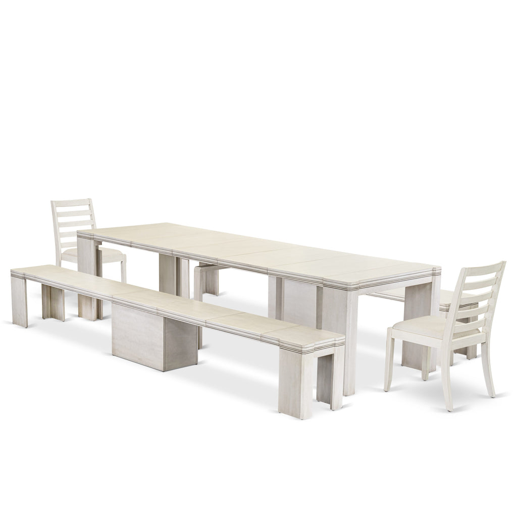 Luxe by East West Furniture X02X1-20W-01 -5 Pieces Extendable Dining Set Includes a Rectangle Kitchen Table, 2 Stackable Chairs and 2 Modern Benches, Antique White