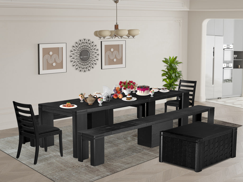 Luxe East West Furniture X02X1-2C6-24 6-piece Modern Dining Room Table Set a Rectangular Dining Table with a coffee Table 2 wooden Benches and 2 Black Linen Fabric Stackable Chair, Wire Brushed Black Finish.