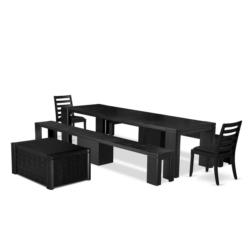 Luxe East West Furniture X02X1-2C6-24 6-piece Modern Dining Room Table Set a Rectangular Dining Table with a coffee Table 2 wooden Benches and 2 Black Linen Fabric Stackable Chair, Wire Brushed Black Finish.