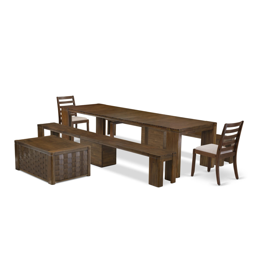 Luxe by East West Furniture X02X1-2C8-04- 6 Pieces Extendable Dining Set Includes a Rectangle Kitchen Table, 1 Coffee Table, 2 Stackable Dining Chairs and 2 Modern Benches, Antique Walnut.