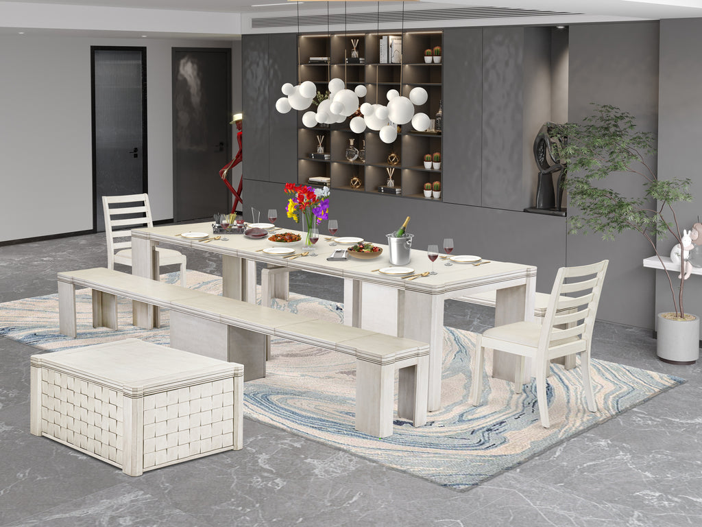 Luxe by East West FurnitureX02X1-2CW-01-6 Pieces Extendable Dining Set Includes a Rectangle Kitchen Table, 1 Coffee Table, 2 Stackable Dining Chairs and 2 Modern Benches, Antique White