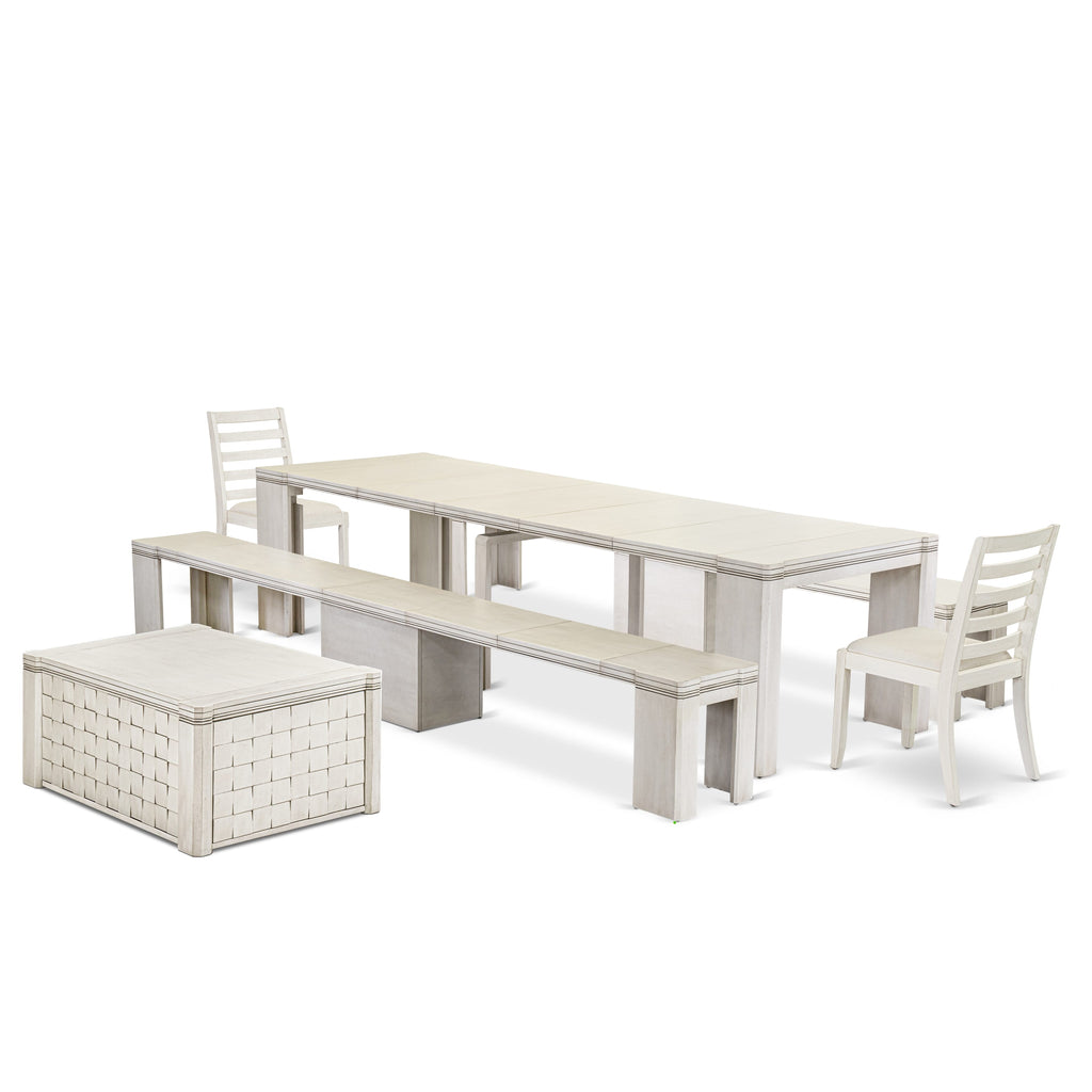 Luxe by East West FurnitureX02X1-2CW-01-6 Pieces Extendable Dining Set Includes a Rectangle Kitchen Table, 1 Coffee Table, 2 Stackable Dining Chairs and 2 Modern Benches, Antique White