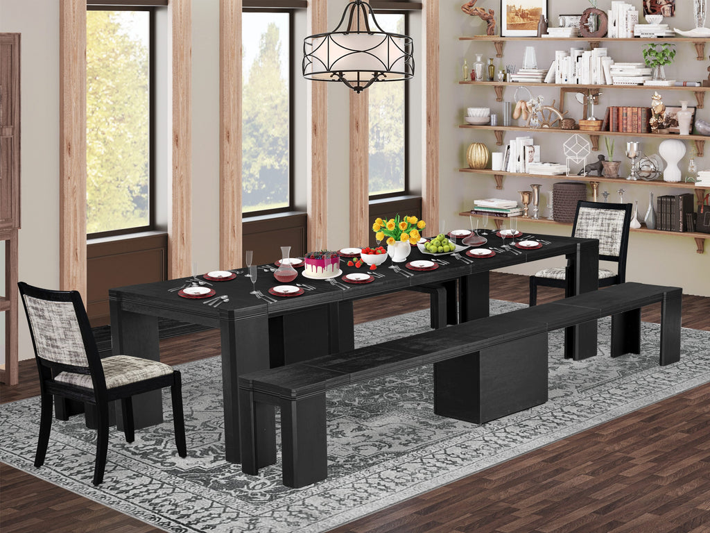 Luxe East West Furniture X02X2-206-30 5-piece Dining Room Table Set a Rectangular Kitchen Table and 2 wooden Benches and 2 Wire Brushed Black Faux Leather Stackable Chairs, Wire Brushed Black Finish.