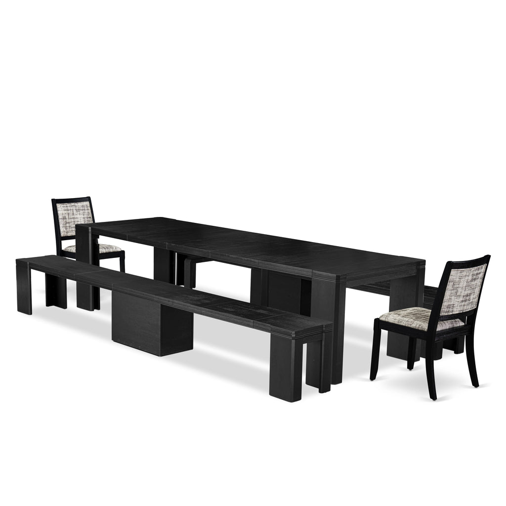 Luxe East West Furniture X02X2-206-30 5-piece Dining Room Table Set a Rectangular Kitchen Table and 2 wooden Benches and 2 Wire Brushed Black Faux Leather Stackable Chairs, Wire Brushed Black Finish.