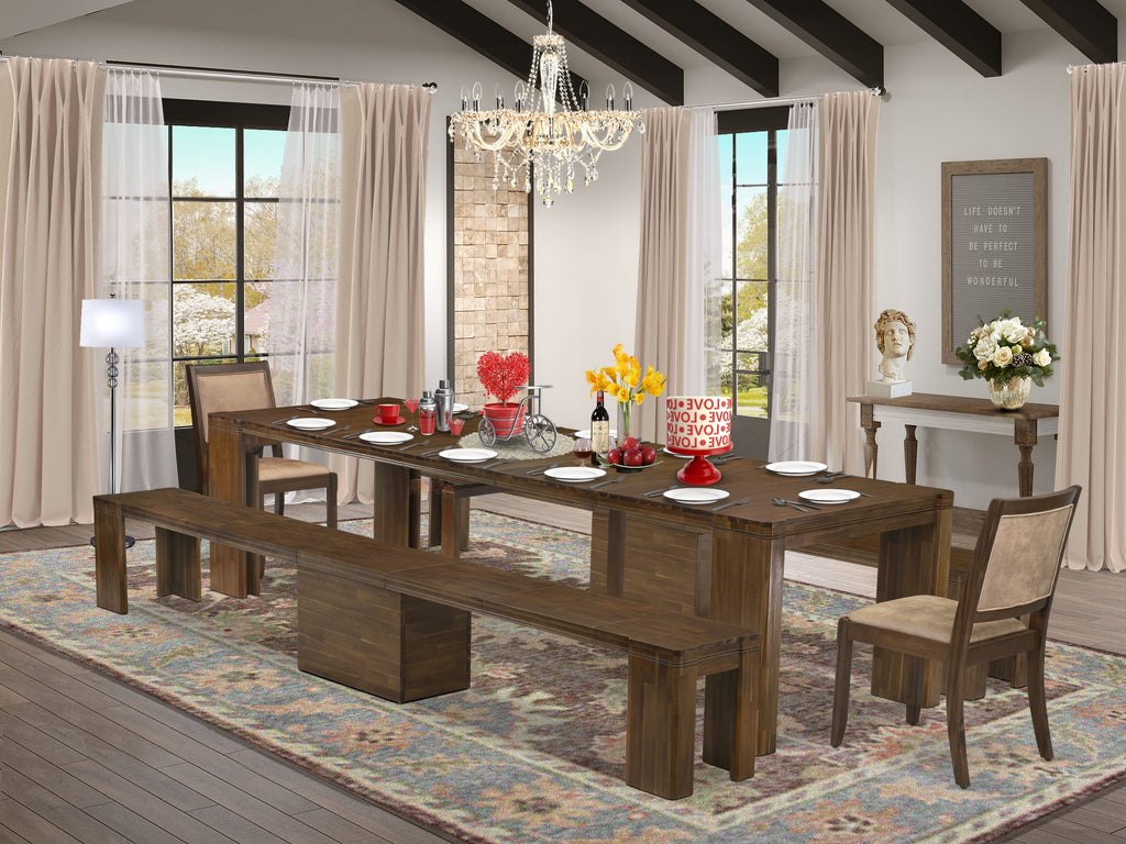 Luxe by East West Furniture X02X2-208-28 -5 Pieces Extendable Dining Set Includes a Rectangle Kitchen Table, 2 Stackable Dining Chairs and 2 Modern Benches, Antique Walnut