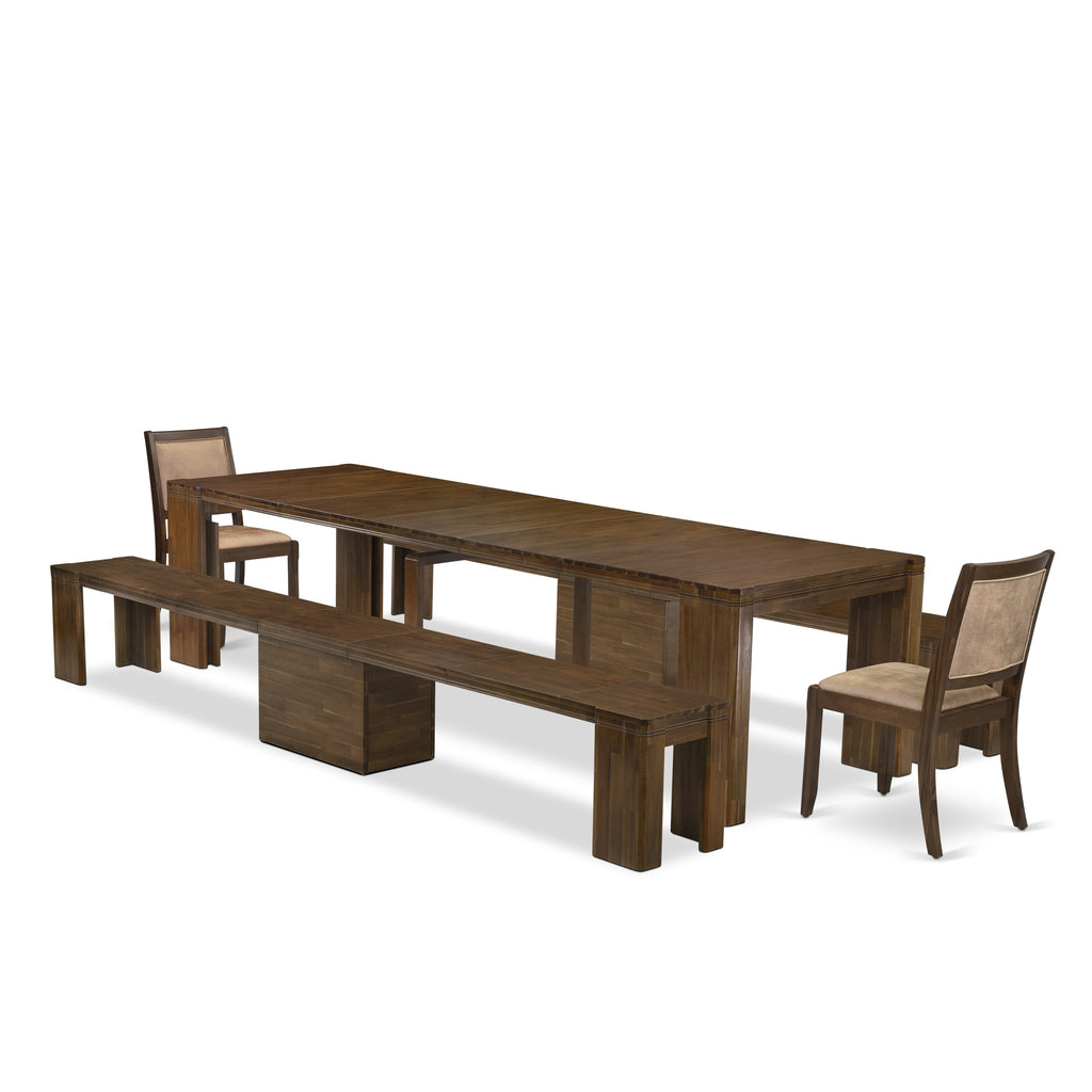 Luxe by East West Furniture X02X2-208-28 -5 Pieces Extendable Dining Set Includes a Rectangle Kitchen Table, 2 Stackable Dining Chairs and 2 Modern Benches, Antique Walnut