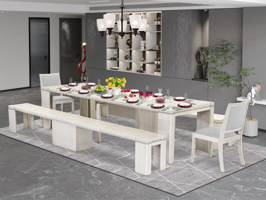 Luxe by East West Furniture X02X2-20W-27 -5 Pieces Extendable Dining Set Includes a Rectangle Kitchen Table, 2 Stackable Chairs and 2 Modern Benches, Antique White