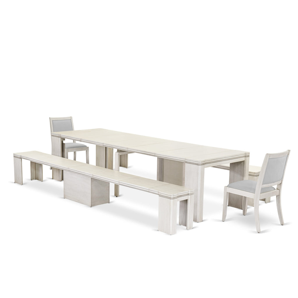 Luxe by East West Furniture X02X2-20W-27 -5 Pieces Extendable Dining Set Includes a Rectangle Kitchen Table, 2 Stackable Chairs and 2 Modern Benches, Antique White