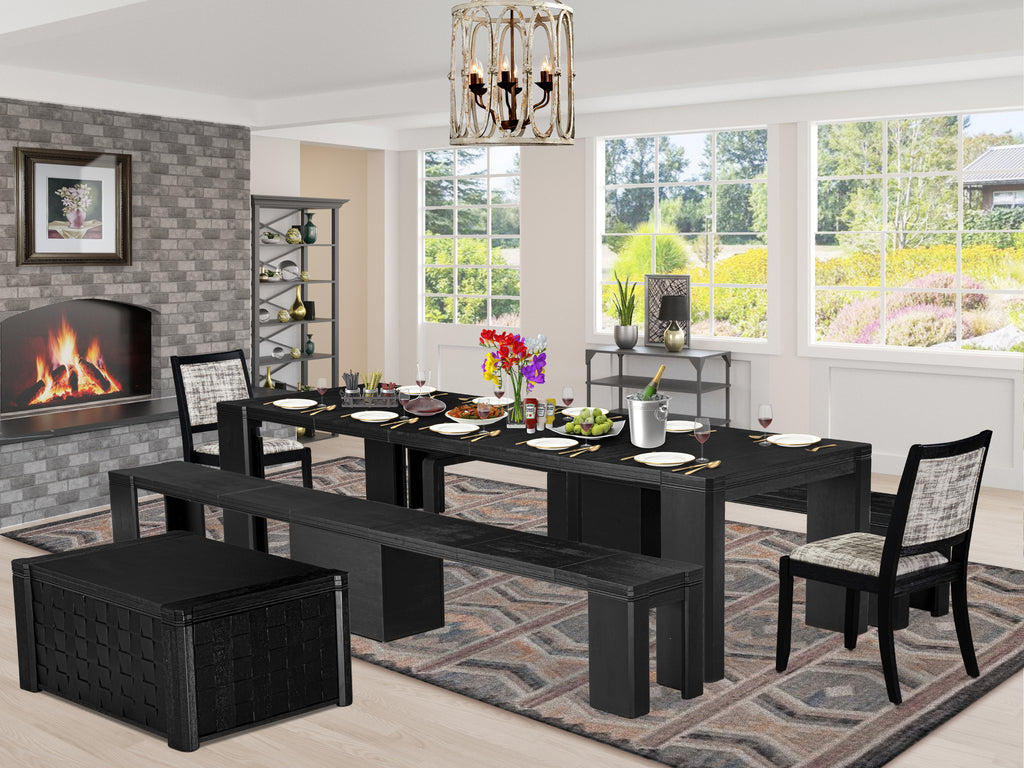 Luxe East West Furniture X02X2-2C6-30 4-piece Dining Room Table Set a Rectangular Kitchen Table and a wooden Bench and 2 Wire Brushed Black Faux Leather Stackable Chair, Wire Brushed Black Finish.