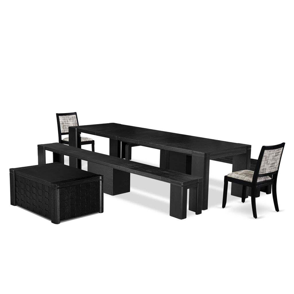 Luxe East West Furniture X02X2-2C6-30 4-piece Dining Room Table Set a Rectangular Kitchen Table and a wooden Bench and 2 Wire Brushed Black Faux Leather Stackable Chair, Wire Brushed Black Finish.