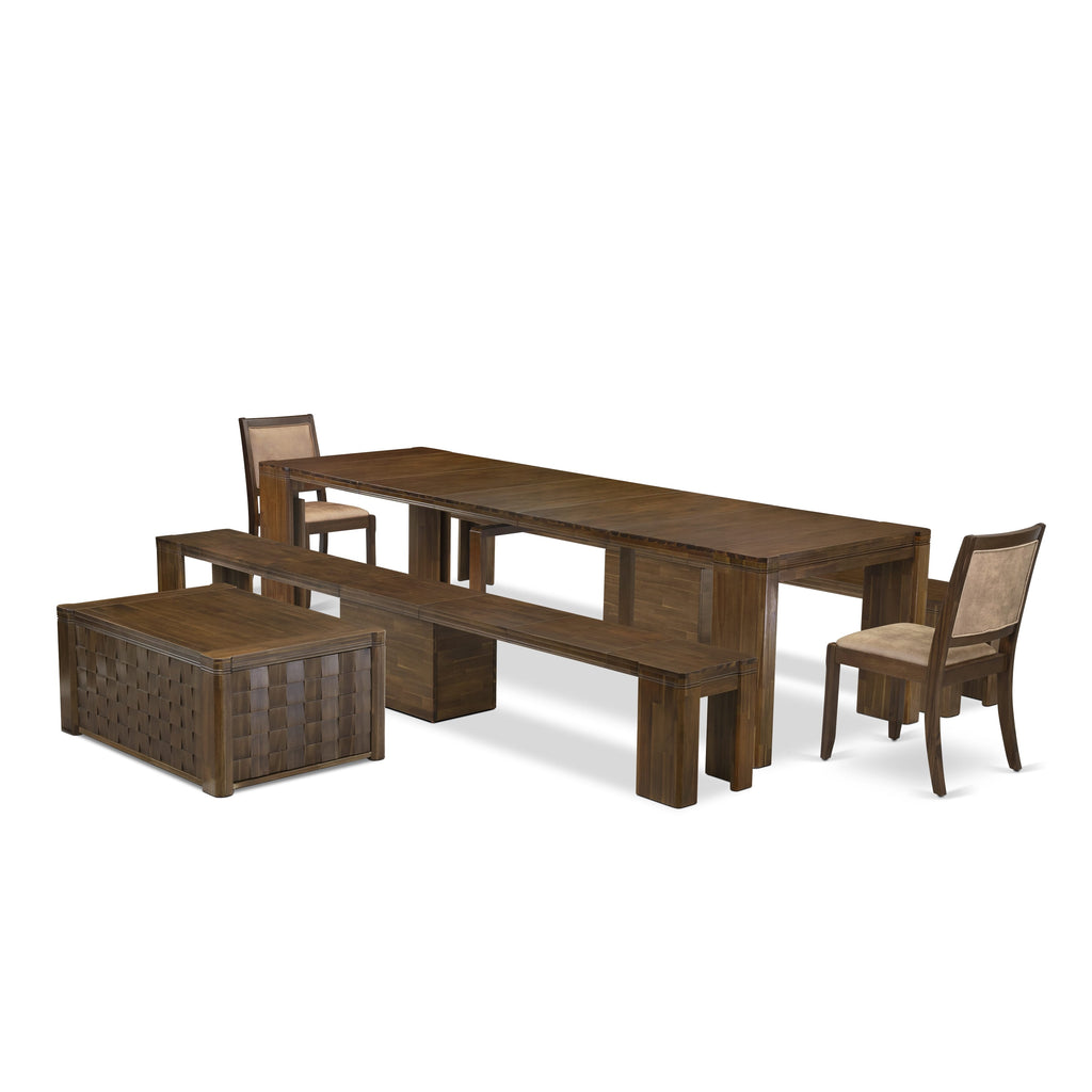 Luxe by East West Furniture X02X2-2C8-28 -6 Pieces Extendable Dining Set Includes a Rectangle Kitchen Table, 1 Coffee Table, 2 Stackable Dining Chairs and 2 Modern Benches, Antique Walnut