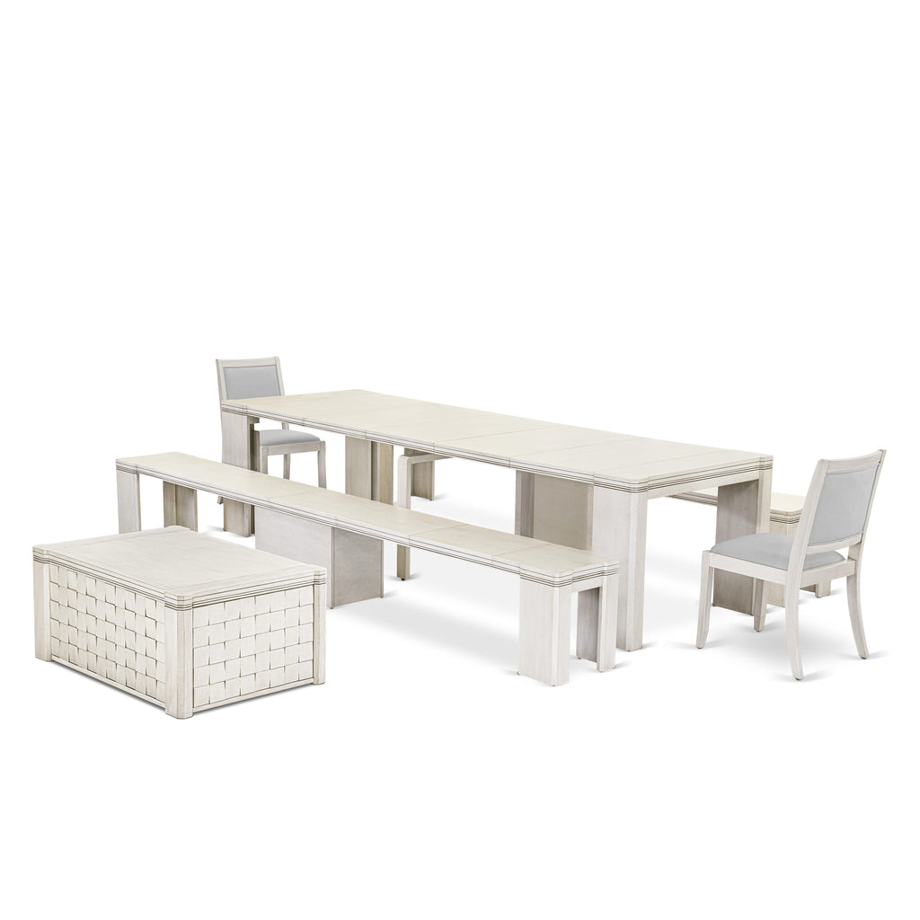 Luxe by East West Furniture X02X2-2CW-27 -6 Pieces Extendable Dining Set Includes a Rectangle Kitchen Table, 1 Coffee Table, 2 Stackable Dining Chairs and 2 Modern Benches, Antique White