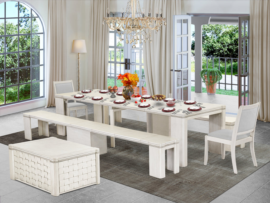 Luxe by East West Furniture X02X2-2CW-27 -6 Pieces Extendable Dining Set Includes a Rectangle Kitchen Table, 1 Coffee Table, 2 Stackable Dining Chairs and 2 Modern Benches, Antique White