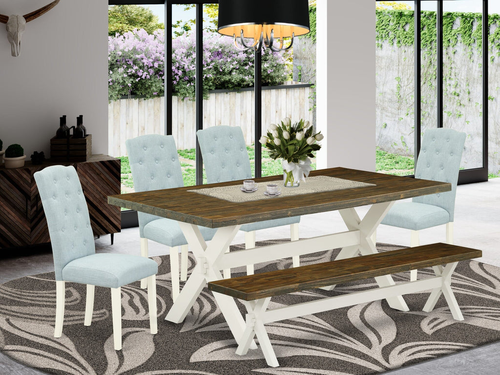 East West Furniture X077CE215-6 6-Pc kitchen dining room set- 4 Upholstered Dining Chairs with Baby Blue Linen Fabric Seat and Button Tufted Chair Back