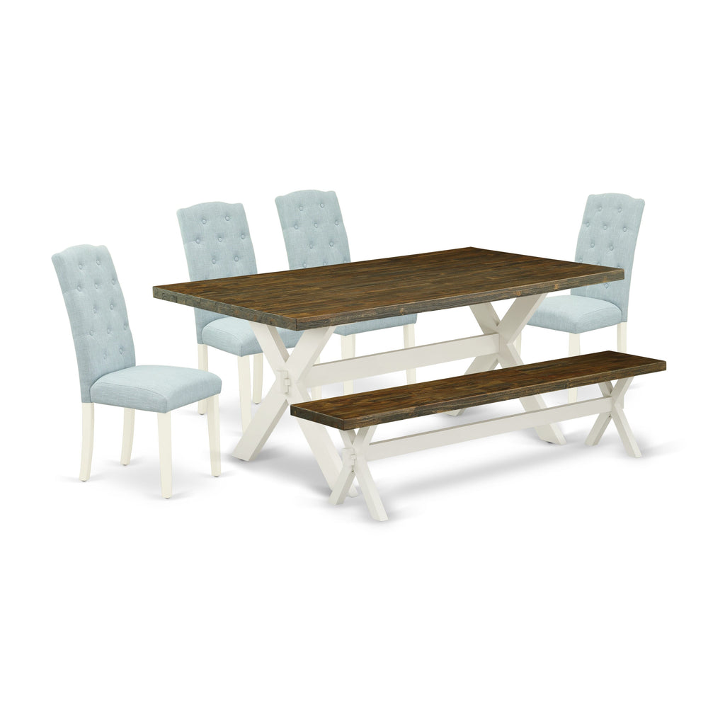 East West Furniture X077CE215-6 6-Pc kitchen dining room set- 4 Upholstered Dining Chairs with Baby Blue Linen Fabric Seat and Button Tufted Chair Back