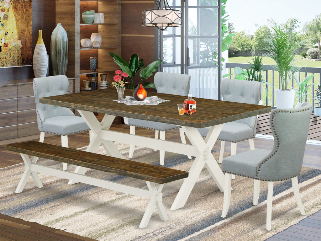 East West Furniture X077SI215-6 6-Pc Dining Set- 4 Dining Chairs with Baby Blue Linen Fabric Seat and Button Tufted Chair Back - Dining Table and Dining Bench (Distressed Jacobean Finish)