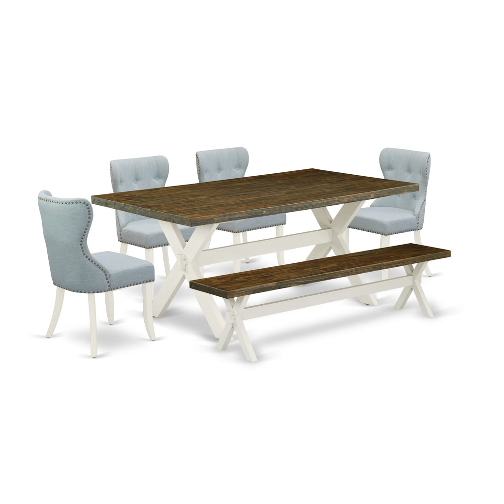 East West Furniture X077SI215-6 6-Pc Dining Set- 4 Dining Chairs with Baby Blue Linen Fabric Seat and Button Tufted Chair Back - Dining Table and Dining Bench (Distressed Jacobean Finish)
