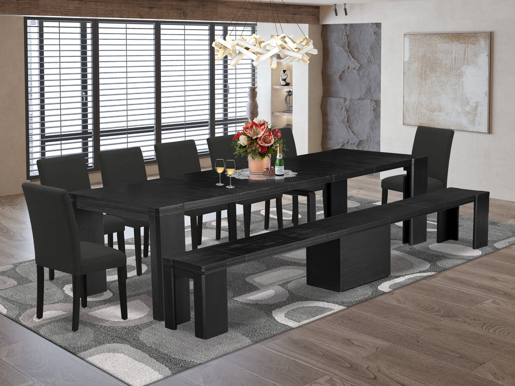 Luxe East West Furniture X07AB-B06-24 9-piece Dining Room Table Set a Rectangular Kitchen Table and a wooden Bench and 7 Black Linen Fabric Dining Chair, Wire Brushed Black Finish.