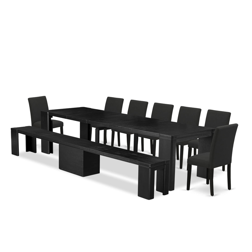 Luxe East West Furniture X07AB-B06-24 9-piece Dining Room Table Set a Rectangular Kitchen Table and a wooden Bench and 7 Black Linen Fabric Dining Chair, Wire Brushed Black Finish.