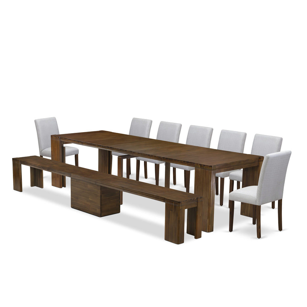 Luxe by East West Furniture X07AB-B08-05-9 Pieces Extendable Dining Set Includes a Rectangle Kitchen Table, 7 Dining Chairs and 1 Modern Bench, Antique Walnut