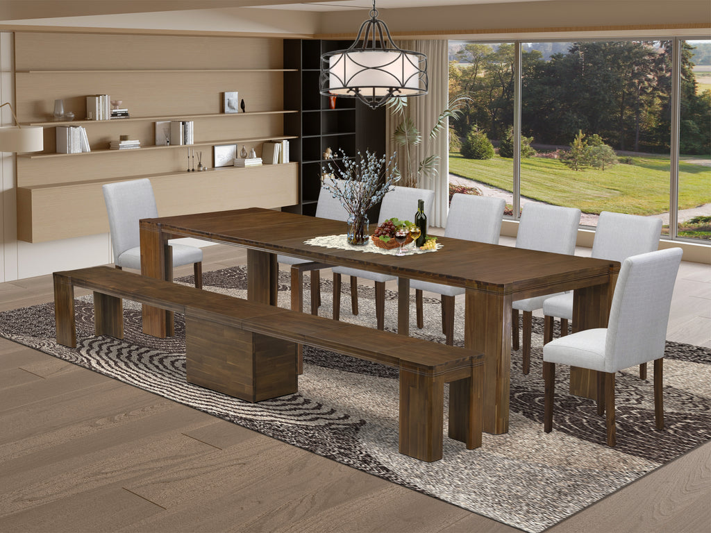 Luxe by East West Furniture X07AB-B08-05-9 Pieces Extendable Dining Set Includes a Rectangle Kitchen Table, 7 Dining Chairs and 1 Modern Bench, Antique Walnut