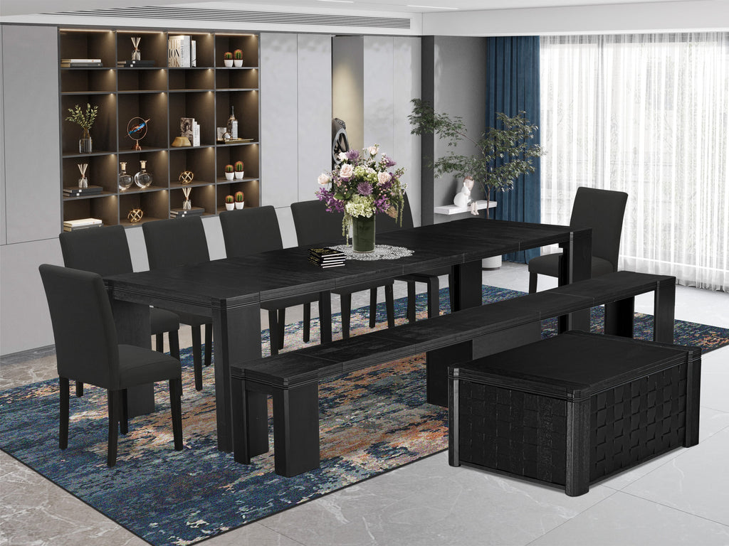 Luxe East West Furniture X07AB-BC6-24 10-piece Modern Dining Room Table Set a Rectangular Dining Table with a dining coffee table and a wooden Bench and 7 Black Linen Fabric Kitchen Chair, Wire Brushed Black Finish.