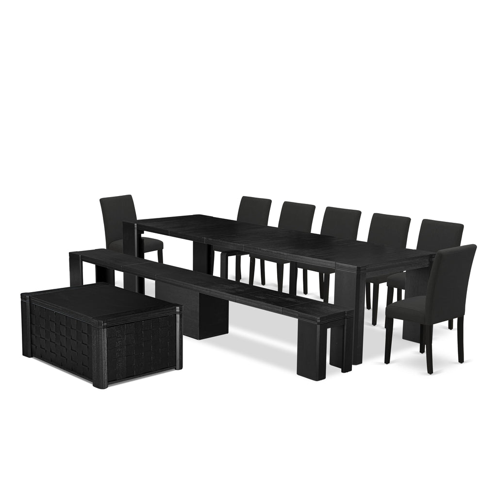 Luxe East West Furniture X07AB-BC6-24 10-piece Modern Dining Room Table Set a Rectangular Dining Table with a dining coffee table and a wooden Bench and 7 Black Linen Fabric Kitchen Chair, Wire Brushed Black Finish.