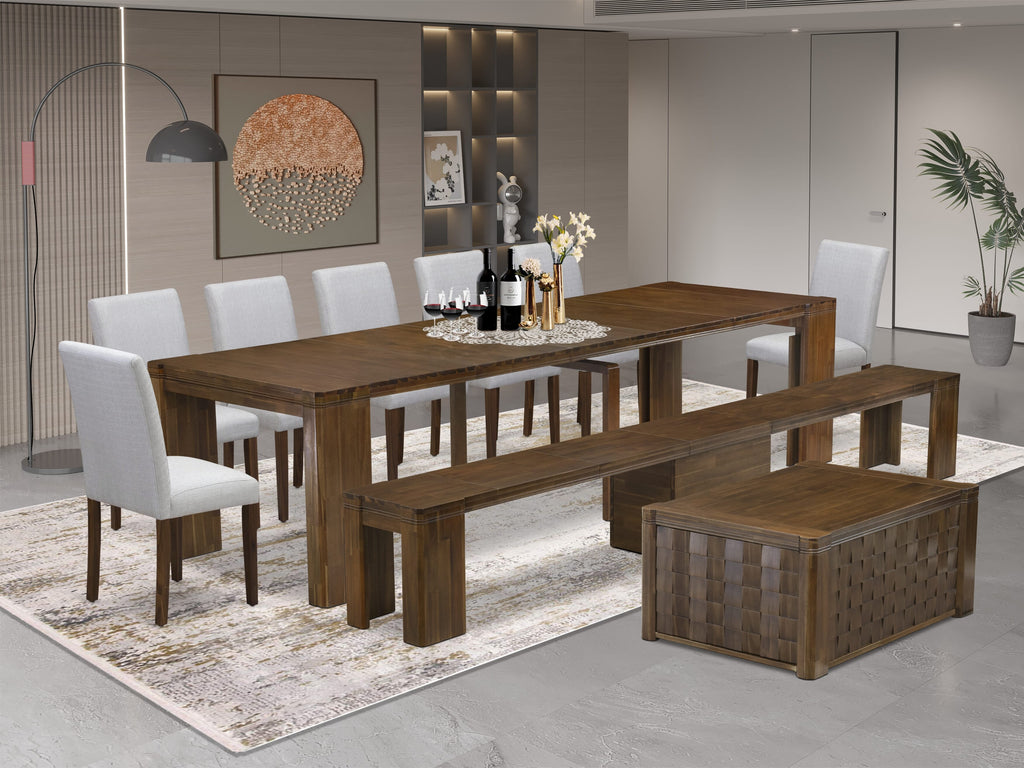 Luxe by East West Furniture X07AB-BC8-05 -10 Pieces Extendable Dining Set Includes a Rectangle Kitchen Table, 1 Coffee Table, 7 Dining Chairs and 1 Modern Bench, Antique Walnut