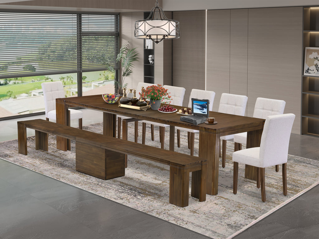 Luxe by East West Furniture X07AS-B08-27 -9 Pieces Extendable Dining Set Includes a Rectangle Kitchen Table, 7 Dining Chairs and 1 Modern Bench, Antique Walnut