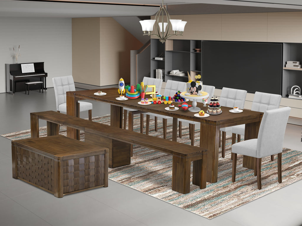 Luxe by East West Furniture X07AS-BC8-08 -10 Pieces Extendable Dining Set Includes a Rectangle Kitchen Table, 1 Coffee Table, 7 Dining Chairs and 1 Modern Bench, Antique Walnut