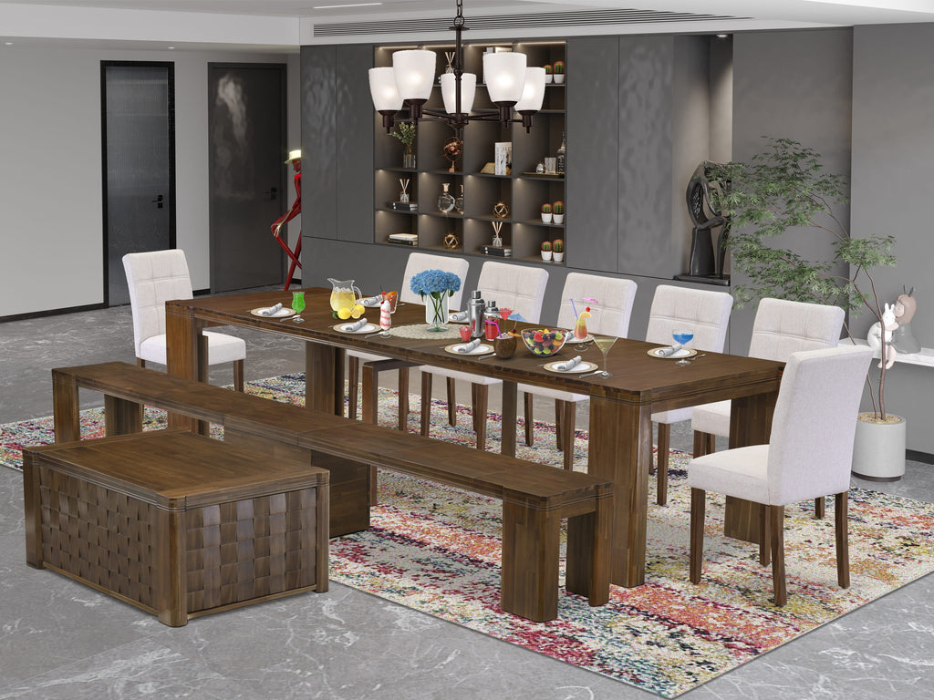 Luxe by East West Furniture X07AS-BC8-27 -10 Pieces Extendable Dining Set Includes a Rectangle Kitchen Table, 1 Coffee Table, 7 Dining Chairs and 1 Modern Bench, Antique Walnut