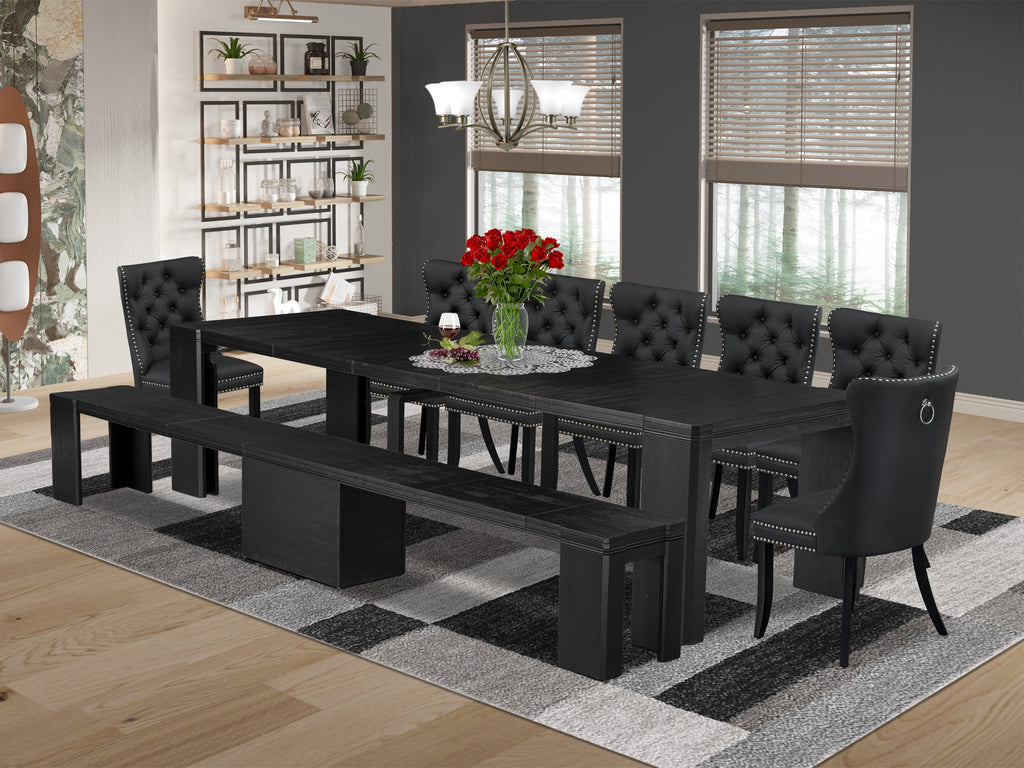 Luxe East West Furniture X07DA-B06-12 9-piece Kitchen Table Set a Rectangular Dining Table and 2 wooden Bench 7 Dark Grey Faux Leather Dining Chair, Wire Brushed Black Finish.