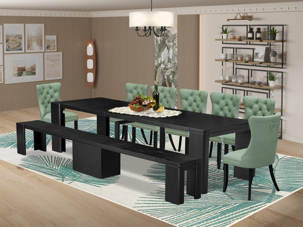 Luxe East West Furniture X07DA-B06-22 9-piece Modern Dining Room Table Set a Rectangular Kitchen Table and wooden Bench and 7 Willow Green Faux Leather Dining Chair, Wire Brushed Black Finish.