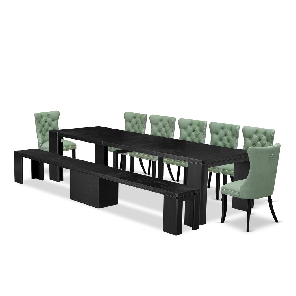 Luxe East West Furniture X07DA-B06-22 9-piece Modern Dining Room Table Set a Rectangular Kitchen Table and wooden Bench and 7 Willow Green Faux Leather Dining Chair, Wire Brushed Black Finish.