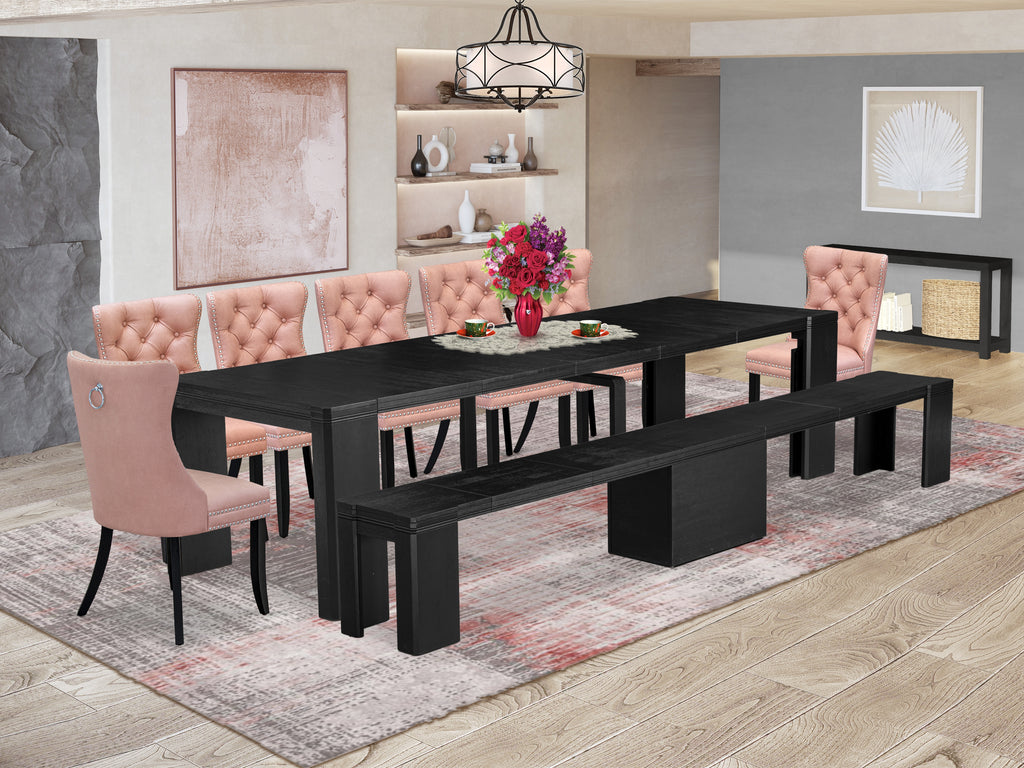 Luxe East West Furniture X07DA-B06-23 9-piece Dining Room Table Set a Rectangular Dining Table and a wooden Bench and 7 Beige Red Faux Leather Kitchen chairs, Wire Brushed Black Finish.