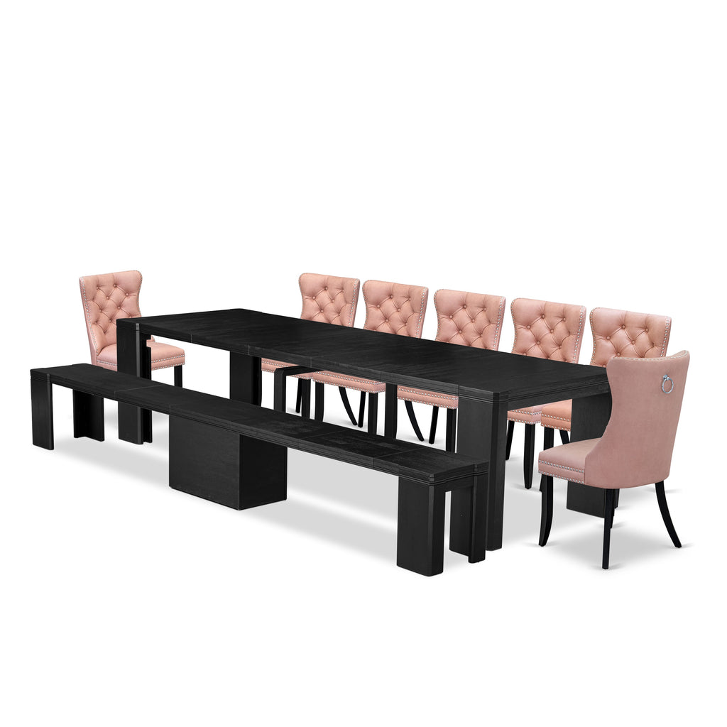 Luxe East West Furniture X07DA-B06-23 9-piece Dining Room Table Set a Rectangular Dining Table and a wooden Bench and 7 Beige Red Faux Leather Kitchen chairs, Wire Brushed Black Finish.