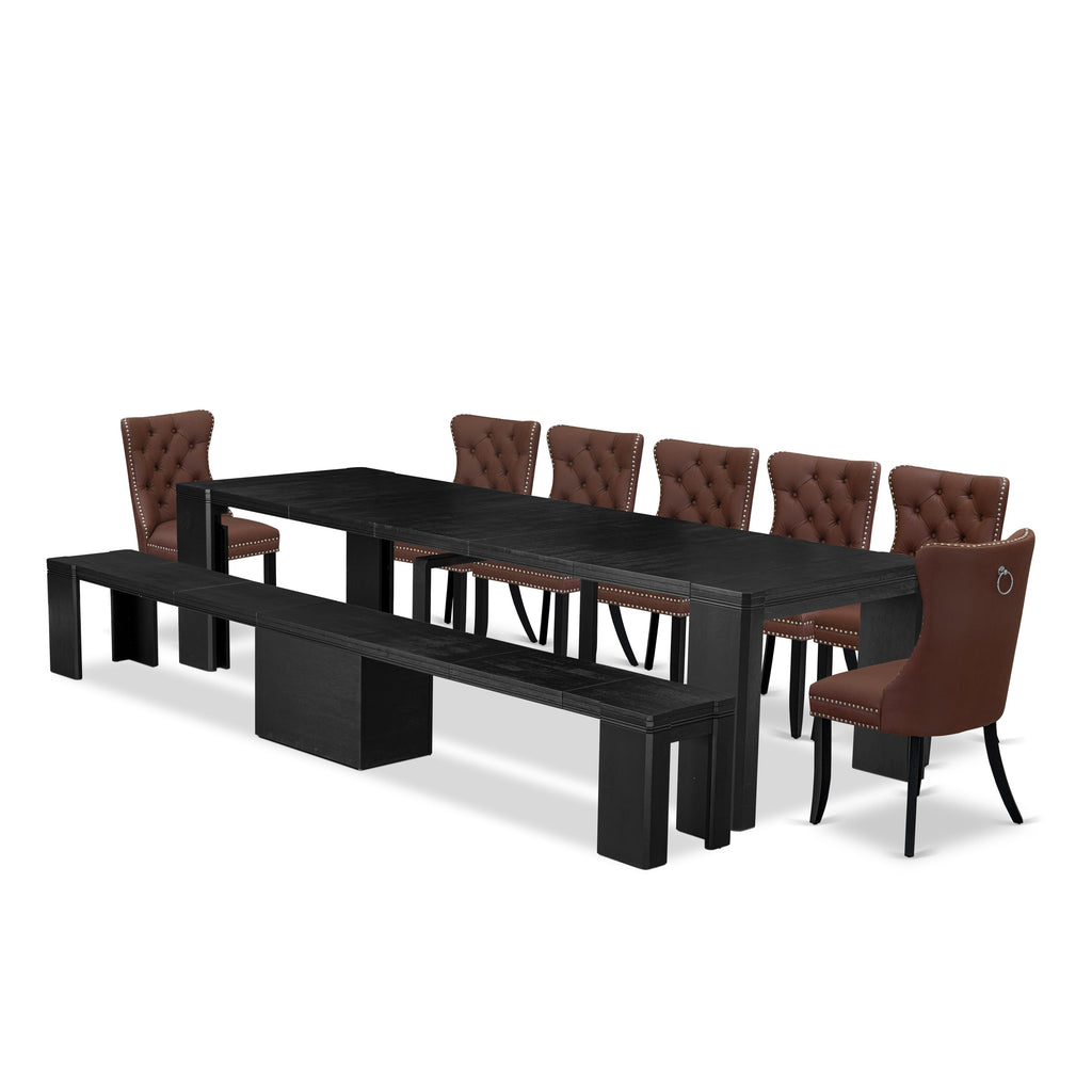 Luxe East West Furniture X07DA-B06-26 9-piece Dining Room Table Set a Rectangular Kitchen Table and a wooden Bench and 7 Burgundy Faux Leather Dining Chair, Wire Brushed Black Finish.