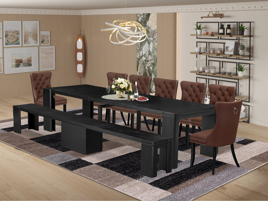 Luxe East West Furniture X07DA-B06-26 9-piece Dining Room Table Set a Rectangular Kitchen Table and a wooden Bench and 7 Burgundy Faux Leather Dining Chair, Wire Brushed Black Finish.