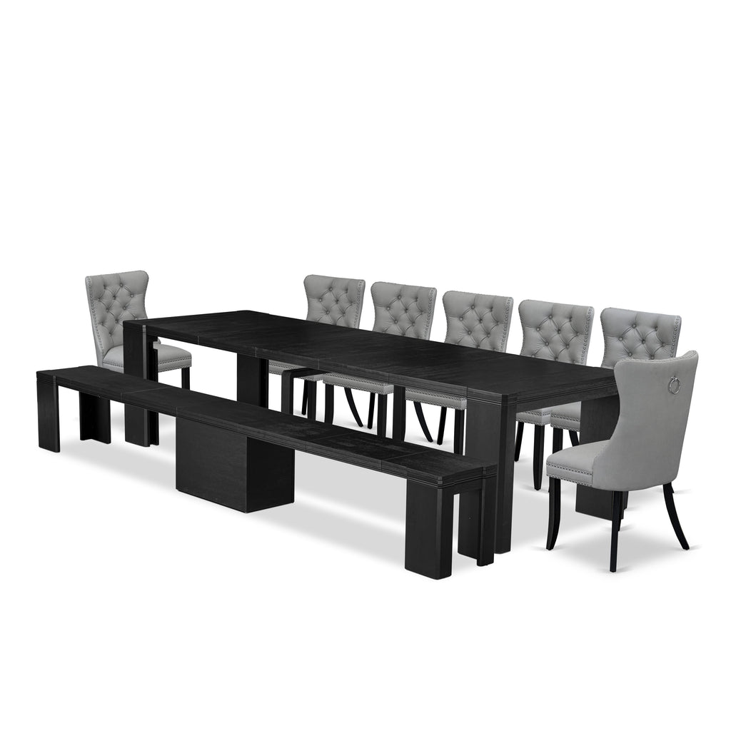 Luxe East West Furniture X07DA-B06-27 9-piece Dining Room Table Set a Rectangular Kitchen Table and a wooden Benh and 7 Light Gray Faux Leather Dining Room Chair, Wire Brushed Black Finish.