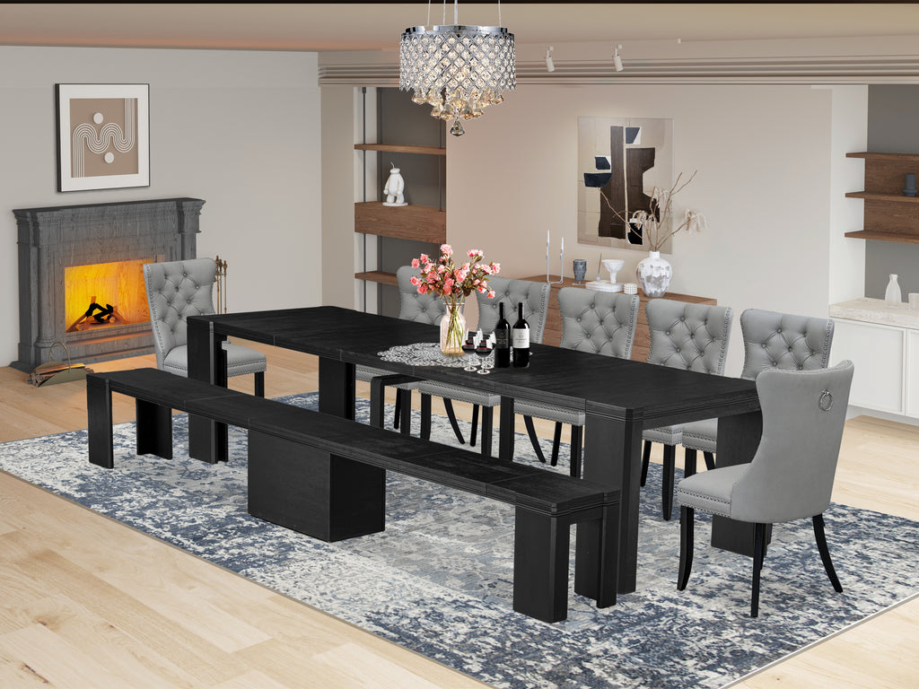 Luxe East West Furniture X07DA-B06-27 9-piece Dining Room Table Set a Rectangular Kitchen Table and a wooden Benh and 7 Light Gray Faux Leather Dining Room Chair, Wire Brushed Black Finish.