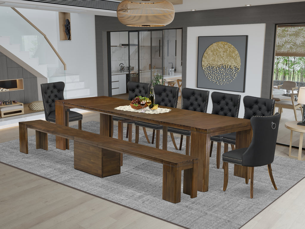 Luxe by East West Furniture X07DA-B08-12 -9 Pieces Extendable Dining Set Includes a Rectangle Kitchen Table, 7 Dining Chairs and 1 Modern Bench, Antique Walnut