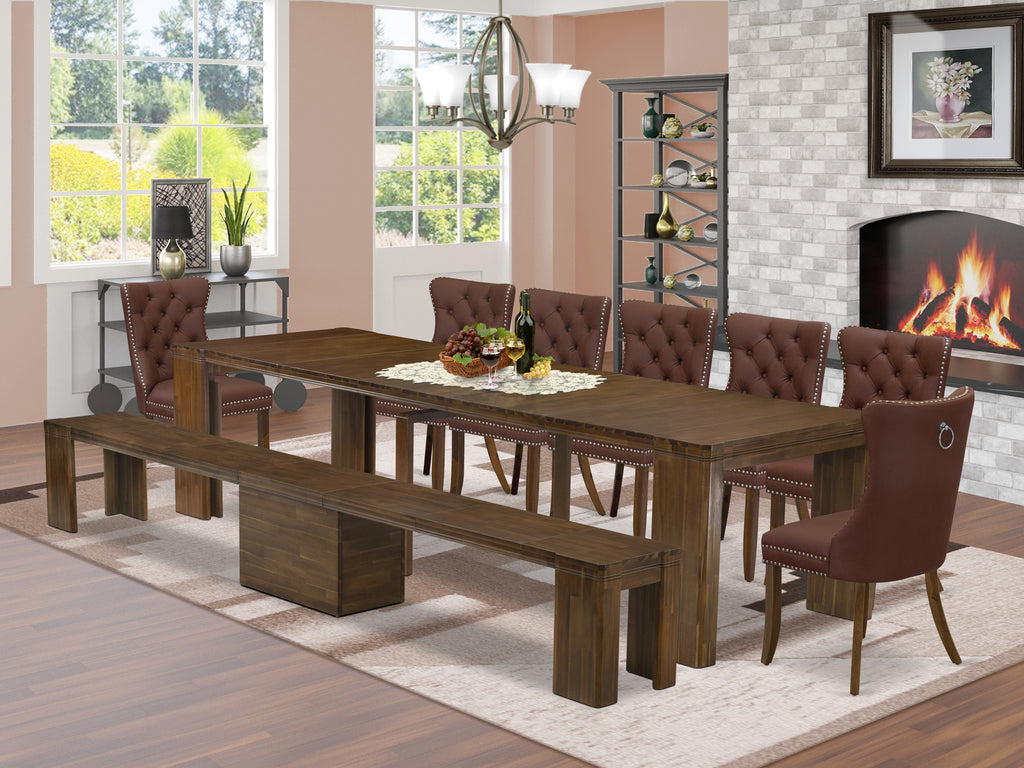 Luxe by East West Furniture X07DA-B08-26 -9 Pieces Extendable Dining Set Includes a Rectangle Kitchen Table, 7 Dining Chairs and 1 Modern Bench, Antique Walnut