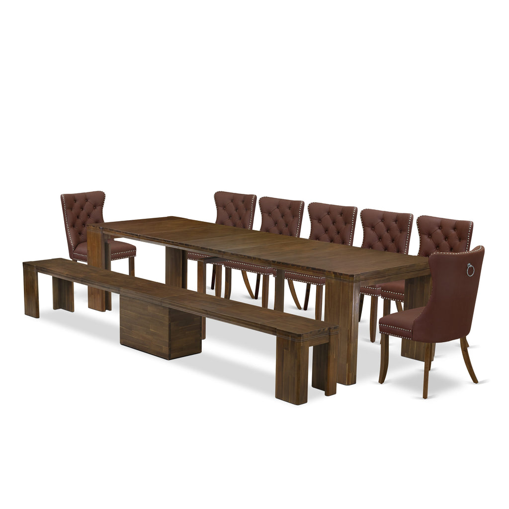 Luxe by East West Furniture X07DA-B08-26 -9 Pieces Extendable Dining Set Includes a Rectangle Kitchen Table, 7 Dining Chairs and 1 Modern Bench, Antique Walnut