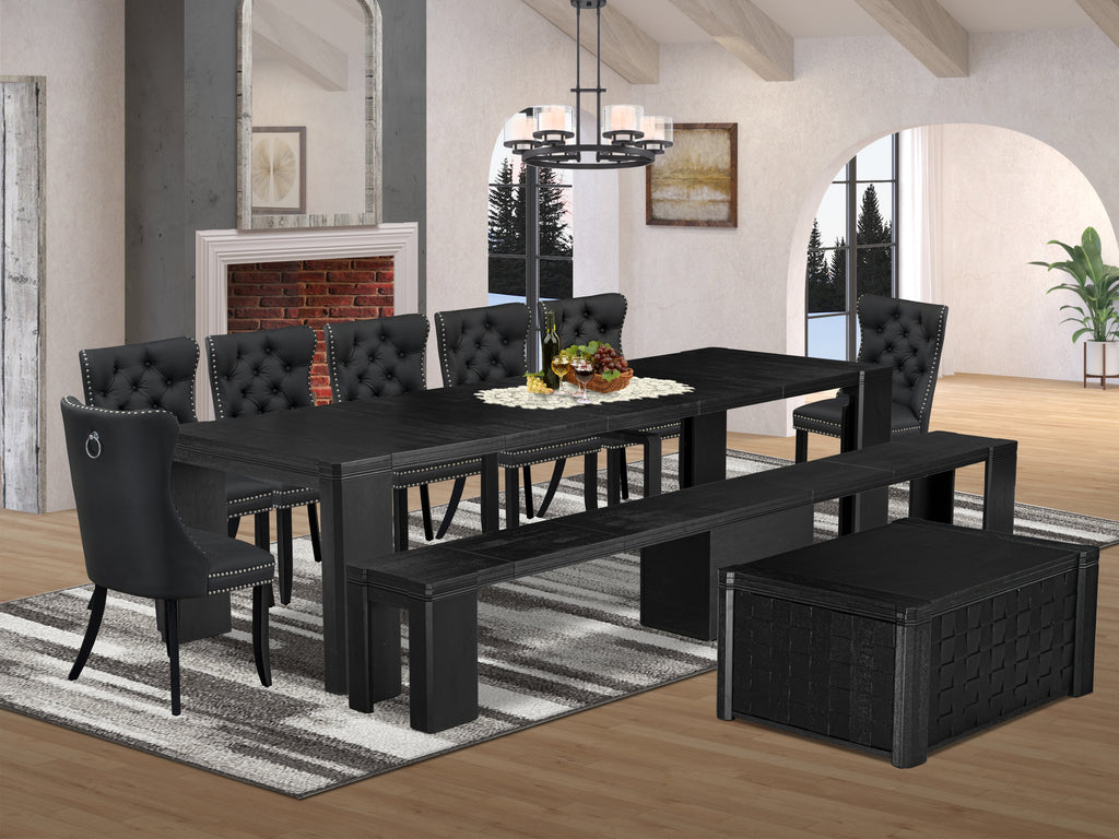 Luxe East West Furniture X07DA-BC6-12 10-piece Dining room Table Set a Rectangular Kitchen Table with a coffee Table and wooden Benches 7 Dark Grey Faux Leather Dinner Chair, Wire Brushed Black Finish.