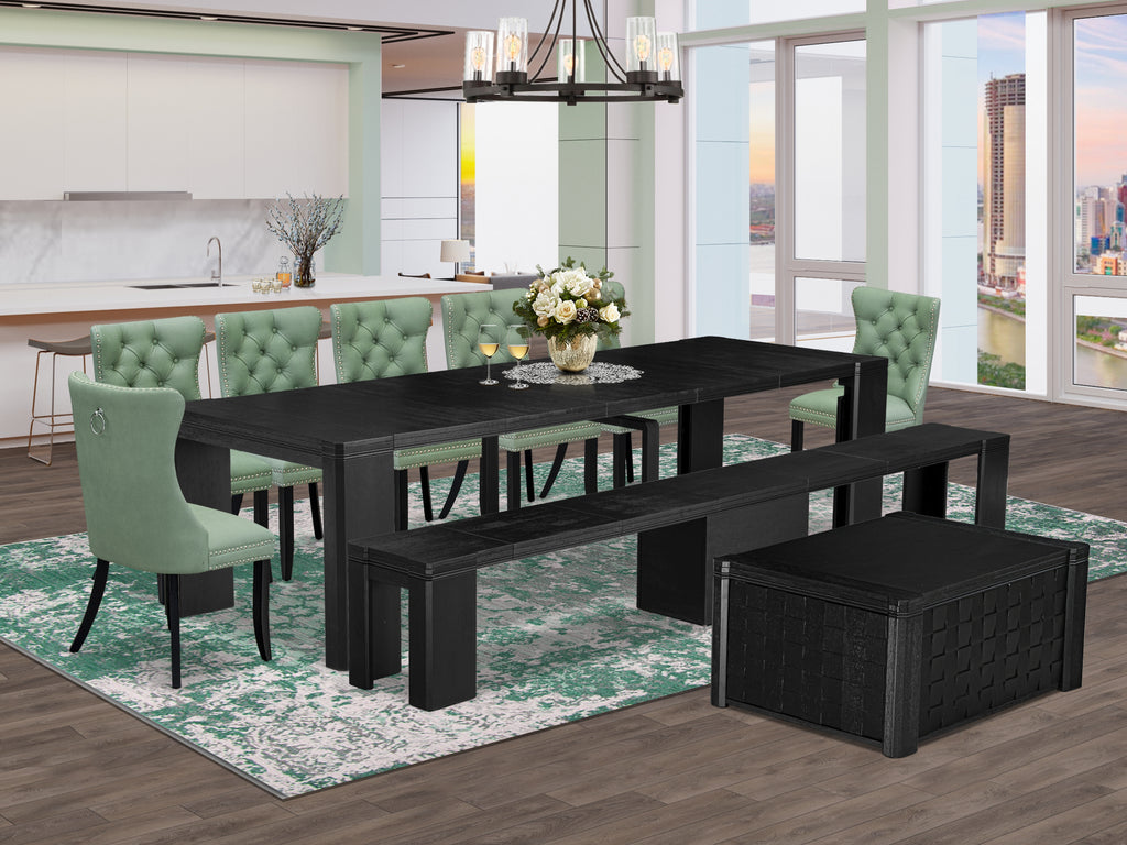 Luxe East West Furniture X07DA-BC6-22 10-piece Dining Room Table Set a Rectangular Kitchen Table with a coffee Table and a wooden Bench and 7 Willow Green Faux Leather Dining Chair, Wire Brushed Black Finish.