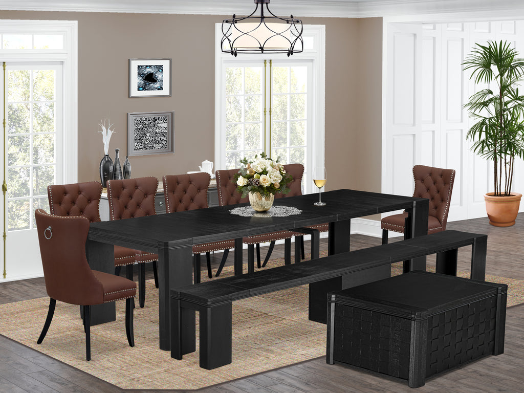 Luxe East West Furniture X07DA-BC6-26 10-piece Modern Dining Room Table Set a Rectangular Dining Room Table with a coffee Table and a wooden Bench and 7 Burgundy Faux Leather Kitchen Chair, Wire Brushed Black Finish.