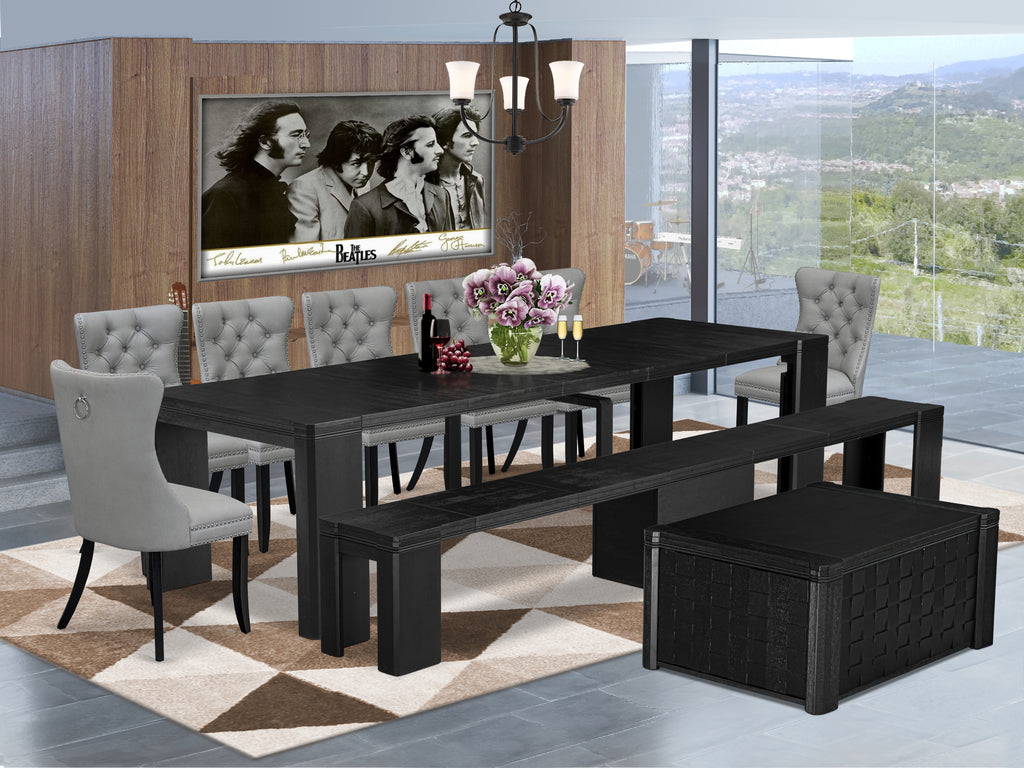 Luxe East West Furniture X07DA-BC6-27 10-piece Dining Room Table Set a Rectangular Kitchen Table with a coffee Table and a wooden Benh and 7 Light Gray Faux Leather Dining Room Chair, Wire Brushed Black Finish.